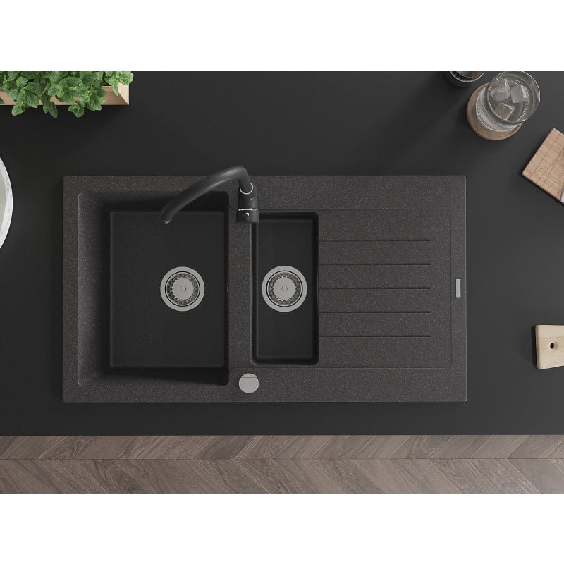 Mexen Matias granitinė 1,5 kamerų virtuvės kriauklė su nusausinimo vieta ir virtuviniu maišytuvu Telma, juoda taškuota