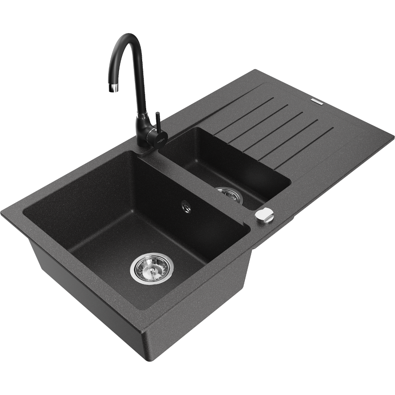 Mexen Matias granitinė 1,5 kamerų virtuvės kriauklė su nusausinimo vieta ir virtuviniu maišytuvu Telma, juoda taškuota