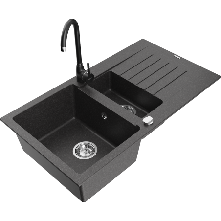 Mexen Matias granitinė 1,5 kamerų virtuvės kriauklė su nusausinimo vieta ir virtuviniu maišytuvu Telma, juoda taškuota