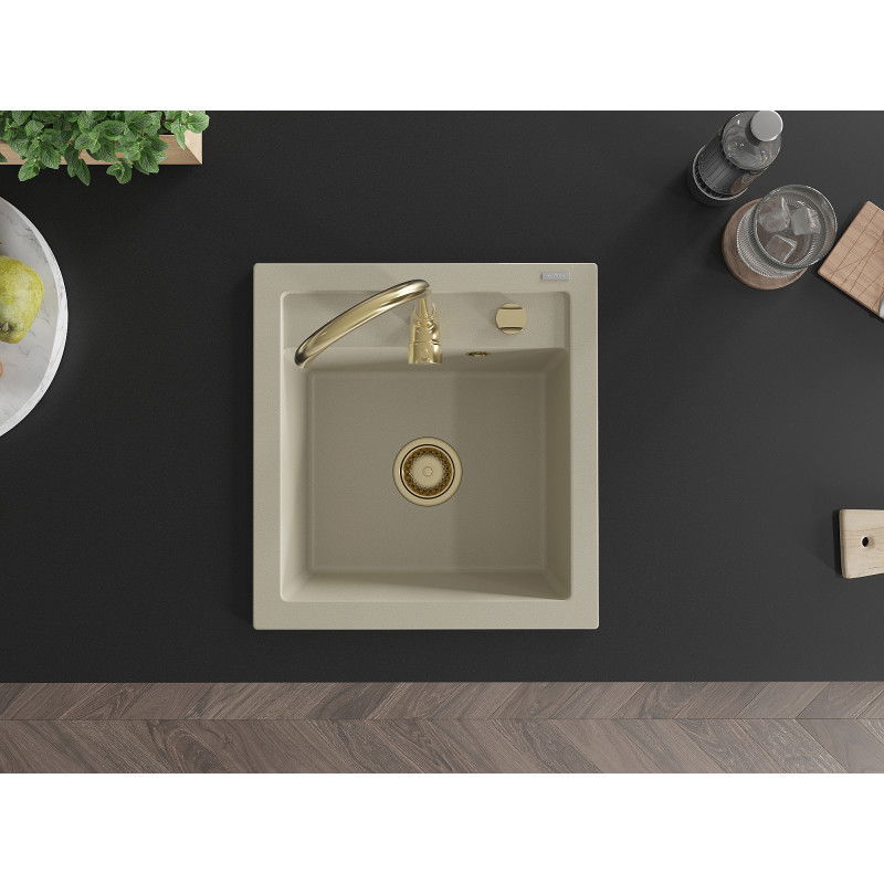 Mexen Vito granitinis virtuvės kriauklė su viena kamera ir Telma virtuviniu maišytuvu, smėlio spalvos - 6503-69-670200-50