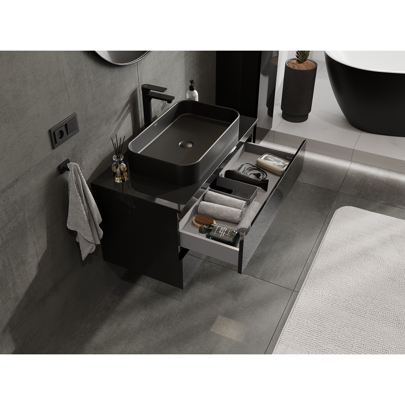 Mexen Orio vonios kambario spintelė po praustuvu 90 cm, 2 stalčiai, juodas blizgesys - 91A10-09047-2-BFF70