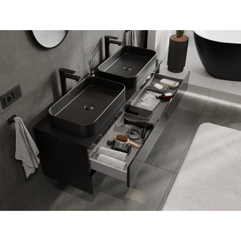 Mexen Orio vonios spintelė po praustuvu 140 cm, 2 stalčiai, juoda blizgi - 91A10-14047-2-BFF70
