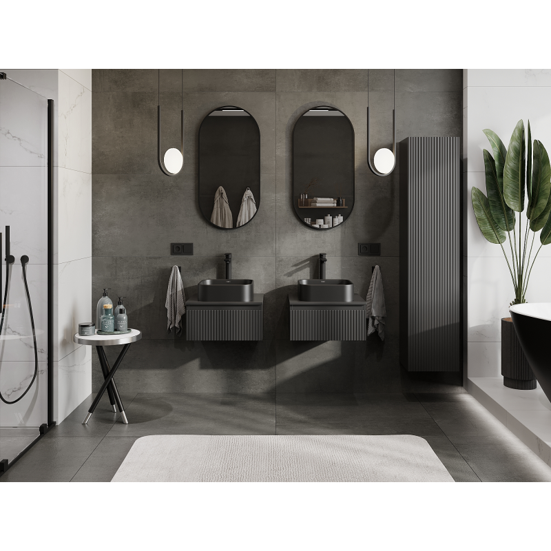 Mexen Rivel vonios kambario spintelė po kriaukle 50 cm, 1 stalčius, rifliuotas, juodas matinis - 91A20-05023-1-BF71