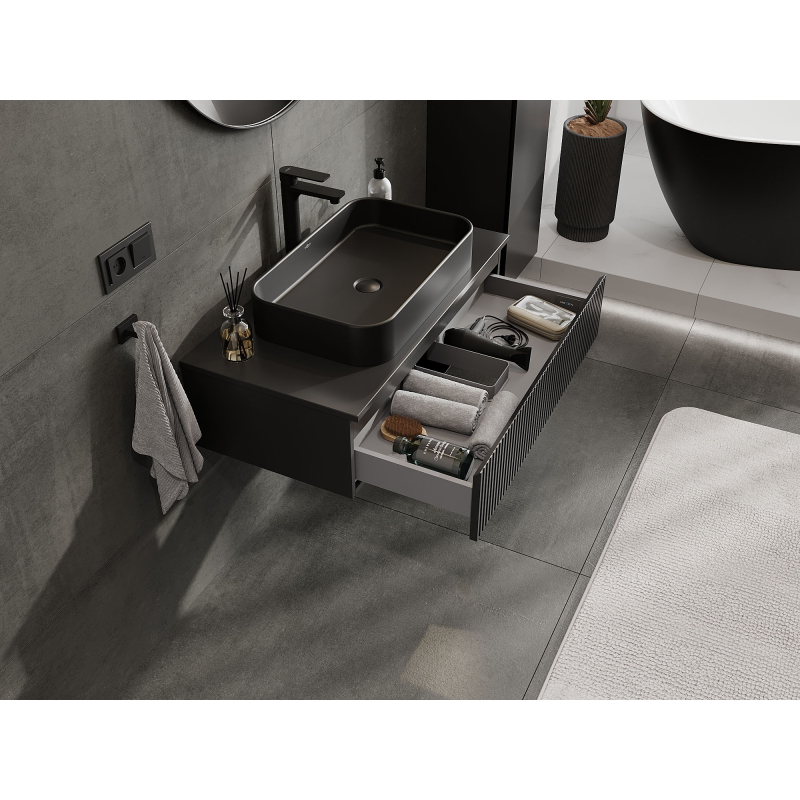 Mexen Rivel vonios kambario spintelė po praustuvu 90 cm, 1 stalčius, rifliuota, juoda matinė - 91A20-09023-1-BF71