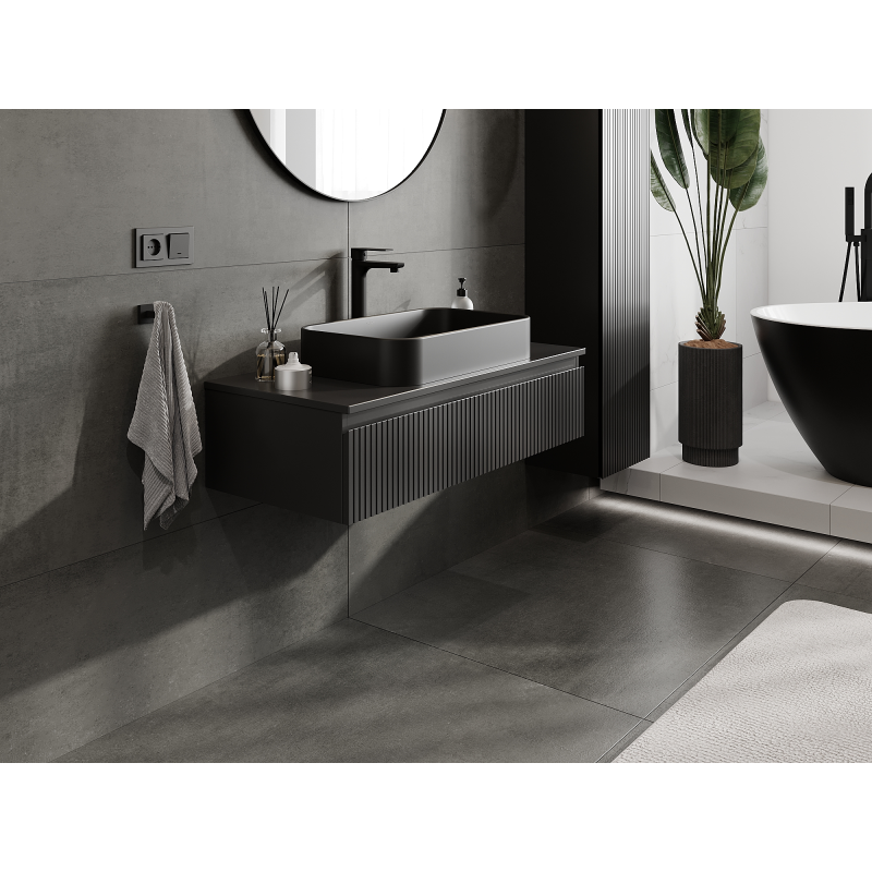 Mexen Rivel vonios kambario spintele po praustuvu 100 cm, 1 stalčius, grioveliais, juoda matinė - 91A20-10023-1-BF71