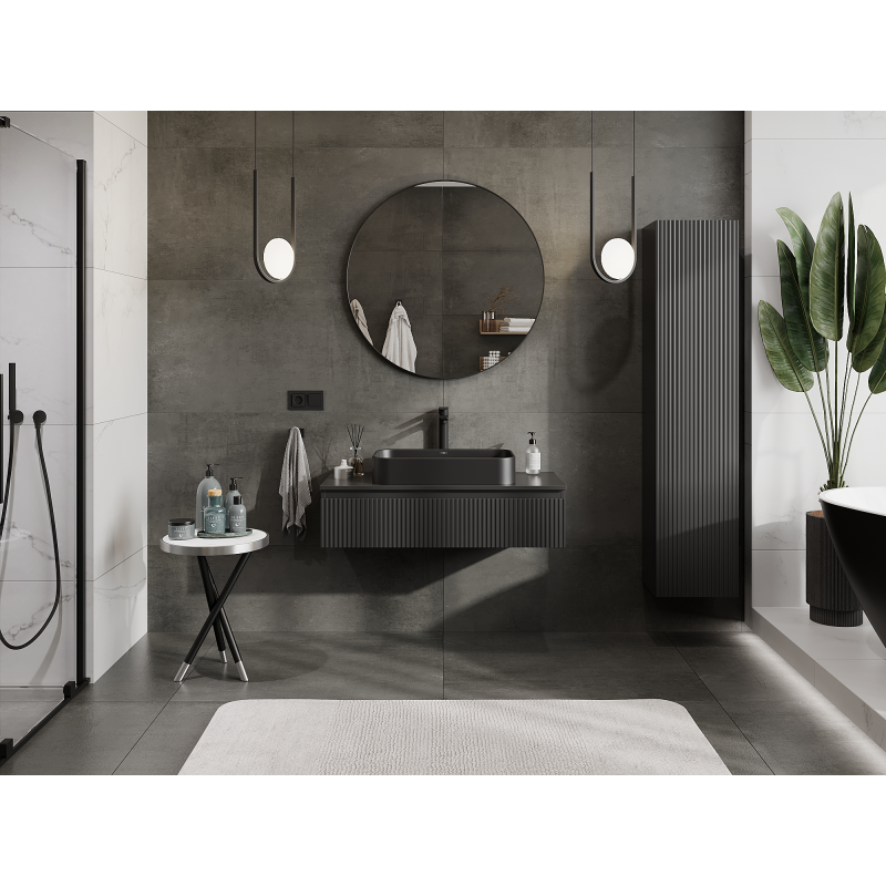 Mexen Rivel vonios kambario spintele po praustuvu 100 cm, 1 stalčius, grioveliais, juoda matinė - 91A20-10023-1-BF71