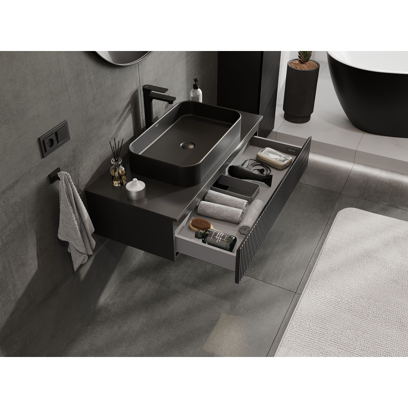 Mexen Rivel vonios kambario spintele po praustuvu 100 cm, 1 stalčius, grioveliais, juoda matinė - 91A20-10023-1-BF71