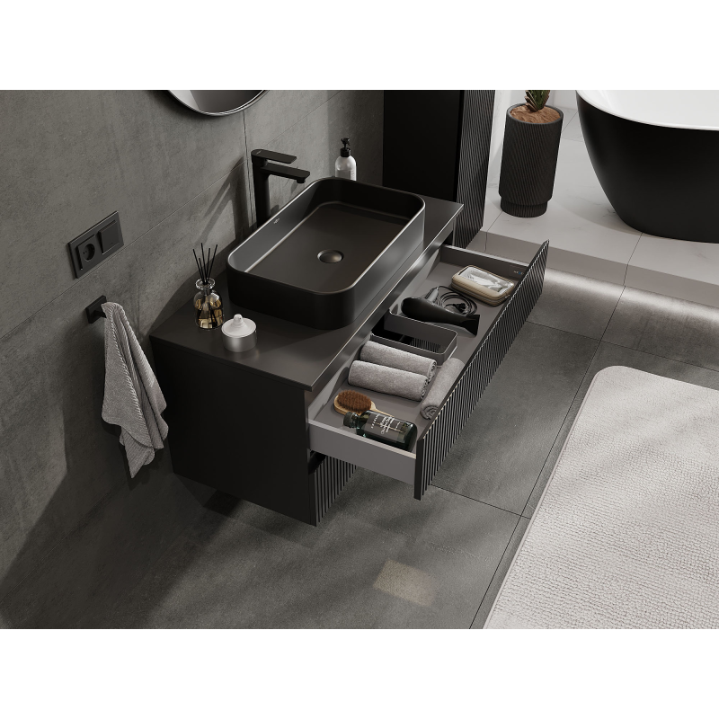 Mexen Rivel vonios kambario spintelė po praustuvu 100 cm, 2 stalčiai, rifliuota, juoda matinė - 91A20-10047-2-BFF71