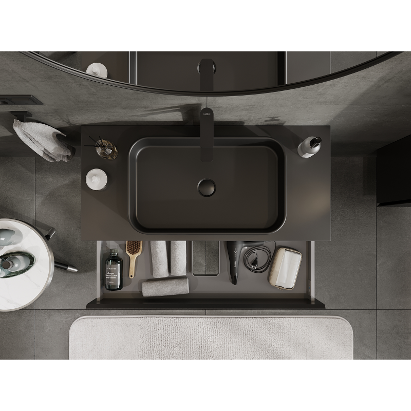 Mexen Rivel vonios kambario spintelė po praustuvu 100 cm, 2 stalčiai, rifliuota, juoda matinė - 91A20-10047-2-BFF71