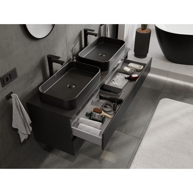 Mexen Rivel vonios spintelė po kriaukle 140 cm, 2 stalčiai, rifliuota, juoda matinė - 91A20-14047-2-BFF71