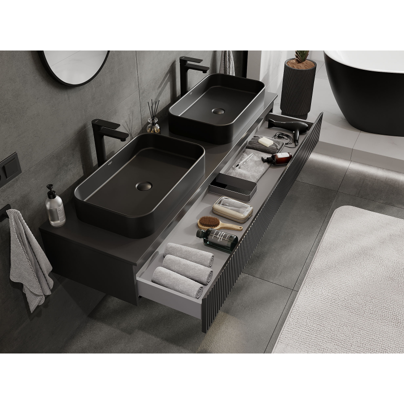 Mexen Rivel vonios baldų spintelė po kriaukle 160 cm, 1 stalčius, rifliuota, juoda matinė - 91A20-16023-1-BF71