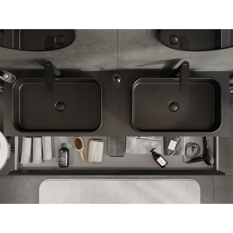 Mexen Rivel vonios baldų spintelė po kriaukle 160 cm, 1 stalčius, rifliuota, juoda matinė - 91A20-16023-1-BF71