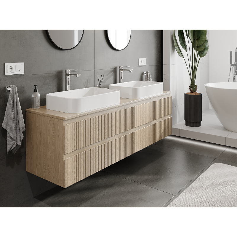 Mexen Rivel vonios spintelė su praustuvo spintele, 160 cm, 2 stalčiai, rifliuota, ąžuolo - 91A20-16047-2-BFF81