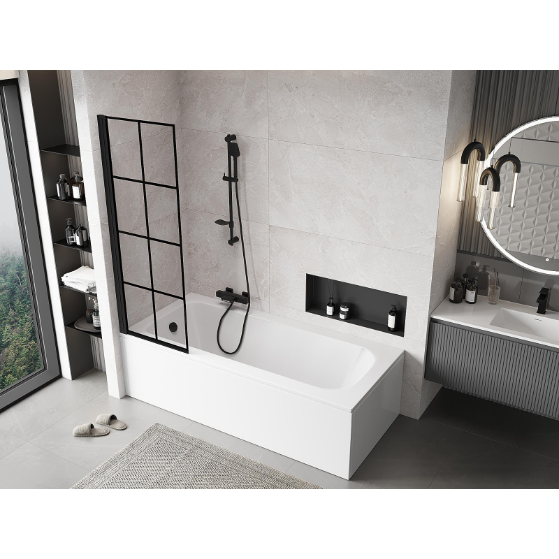 Mexen Mist vonios ekrano kairysis vienasparnis 60 x 150 cm, juoda grotelė, juodas - 8A9-060-001-70-77-L