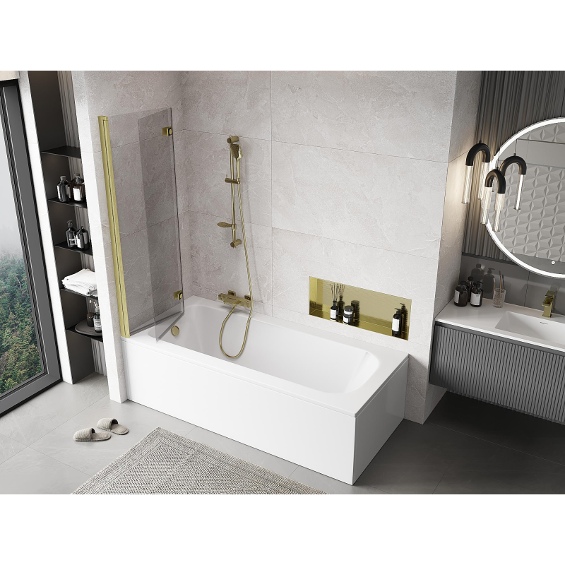 Mexen Mist dviejų dalių vonios sienelė, 100 x 150 cm, permatoma, švelniai šlifuoto aukso spalva - 8A9-100-002-55-00-L