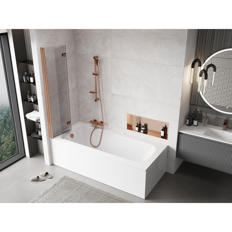 Mexen Mist vonios pertvara 2 dalių kairinė 80 x 150 cm, permatoma, šlifuotas varis - 8A9-080-002-65-00-L