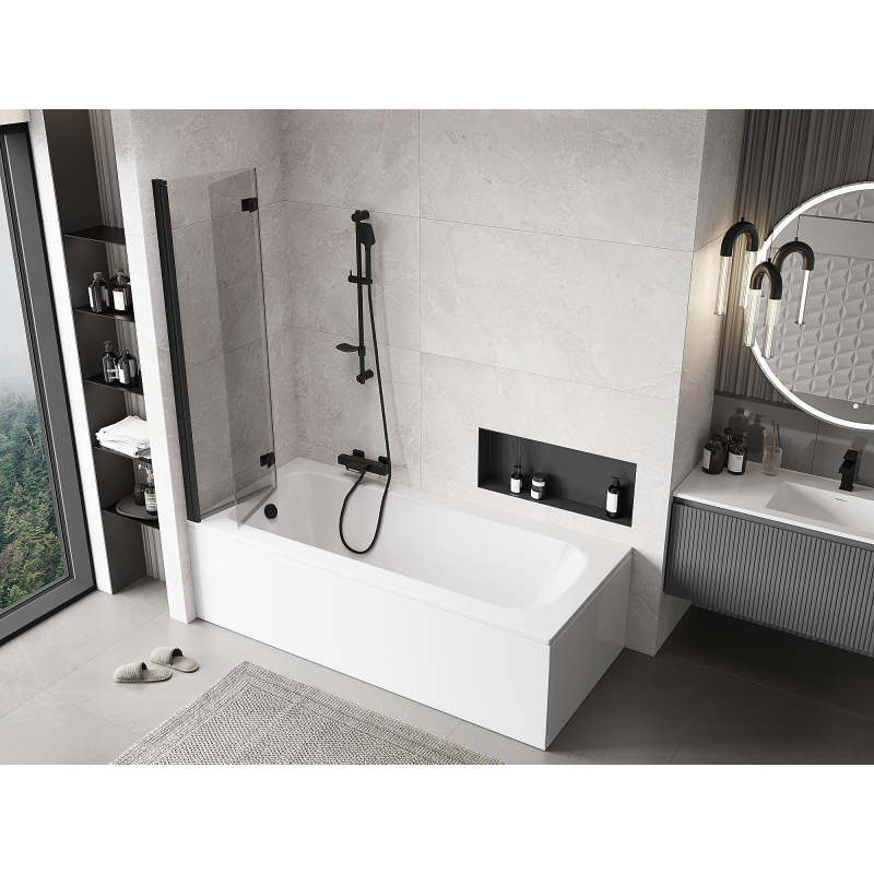 Mexen Mist vonios ekranas, 2 dalių, Kairinis, 90 x 150 cm, skaidrus, juodas - 8A9-090-002-70-00-L