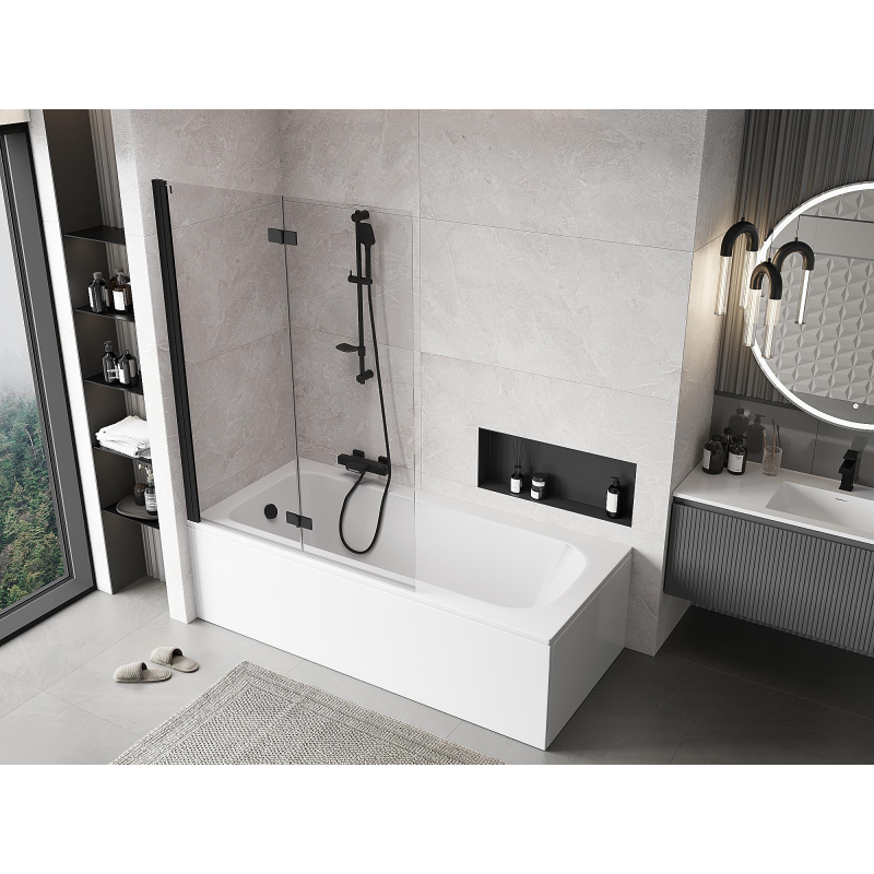 Mexen Mist dviejų dalių kairinis vonios ekranas 120 x 150 cm, permatomas, juodas - 8A9-120-002-70-00-L