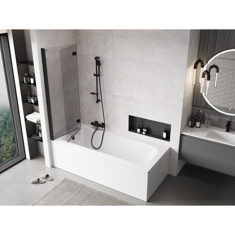 Mexen Mist dviejų dalių kairinis vonios ekranas 120 x 150 cm, permatomas, juodas - 8A9-120-002-70-00-L