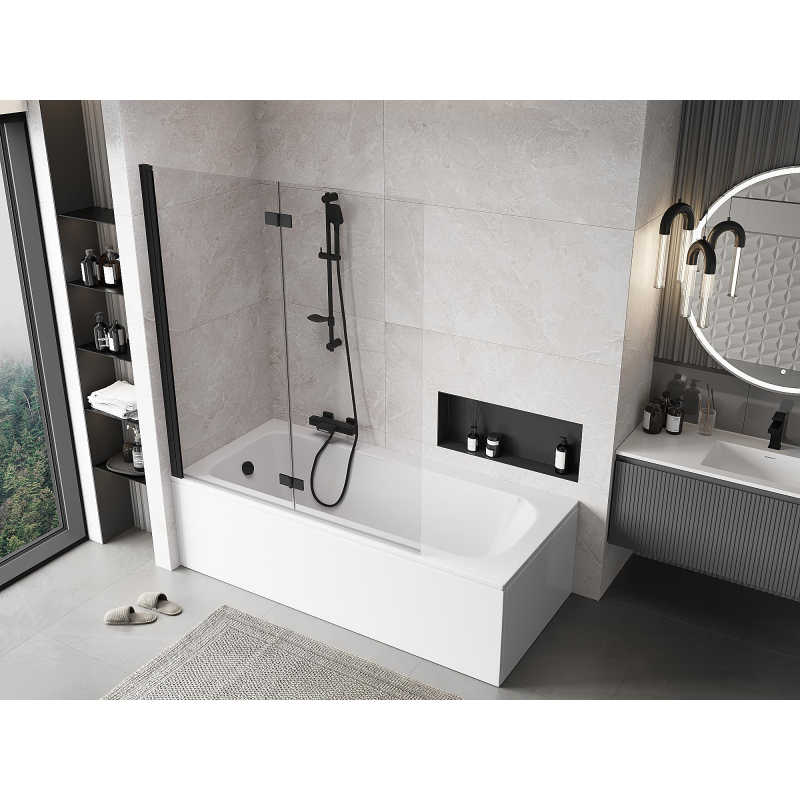 Mexen Mist dviejų dalių kairinis vonios ekranas, 140 x 150 cm, skaidrus, juodas - 8A9-140-002-70-00-L