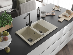 Mexen Gaspar dviejų skyrių granito plautuvė su nuvarvėjimo padėklu ir virtuviniu maišytuvu Duero, smėlinė - 6507-69-671600-70