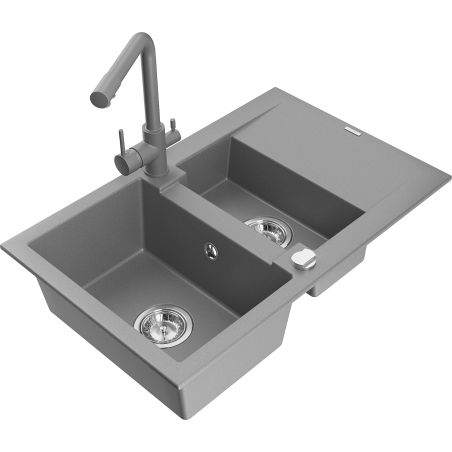 Mexen Gaspar 1,5 skyrių granitinė kriauklė su nutekėjimo plokšte ir virtuviniu maišytuvu Duero, pilka - 6507-71-671600-71