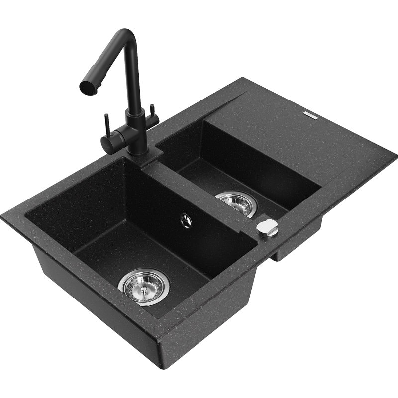 Mexen Gaspar granitinė 1,5 kamerų kriauklė su nutekėjimu ir virtuvės maišytuvu Duero, juoda/sidabrinė - 6507-73-671600-70