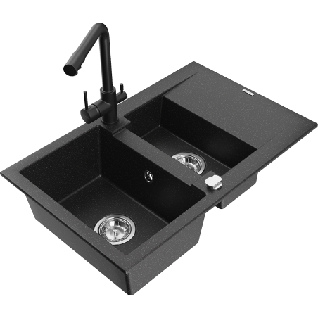 Mexen Gaspar granitinė 1,5 kamerų kriauklė su nutekėjimu ir virtuvės maišytuvu Duero, juoda/sidabrinė - 6507-73-671600-70