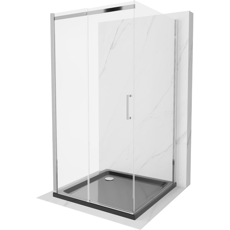 Mexen Omega-3S trijų sienų dušo kabina, stumdomos durys 100x100 cm, skaidri, chromuota + Flat padėklas
