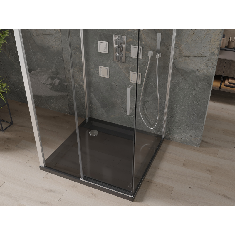 Mexen Omega-3S trijų sienų dušo kabina, stumdomos durys 100x100 cm, skaidri, chromuota + Flat padėklas
