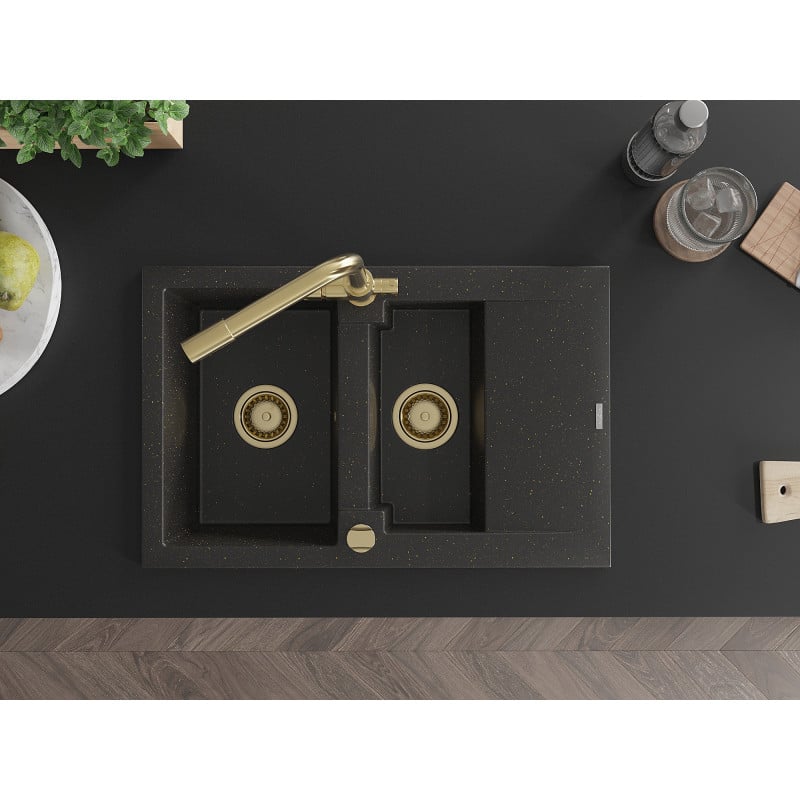 Mexen Gaspar granitinė 1,5 skylių kriauklė su stalviršiu ir virtuviniu maišytuvu Duero, juoda/auksinė metalo spalva