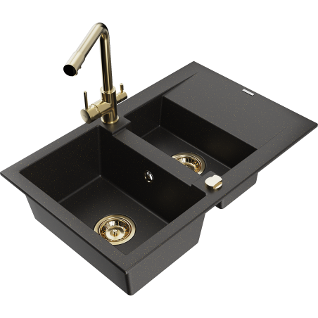Mexen Gaspar granitinė 1,5 skylių kriauklė su stalviršiu ir virtuviniu maišytuvu Duero, juoda/auksinė metalo spalva
