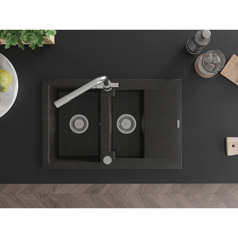 Mexen Gaspar granito plautuvė su 1,5 skyriaus ir nutekamu, su virtuviniu maišytuvu Duero, juoda/auksinė metaliko