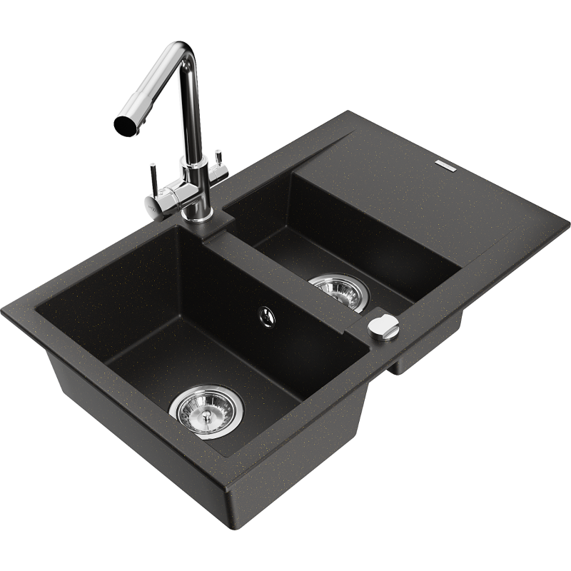 Mexen Gaspar granito plautuvė su 1,5 skyriaus ir nutekamu, su virtuviniu maišytuvu Duero, juoda/auksinė metaliko