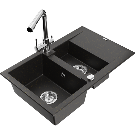 Mexen Gaspar granito plautuvė su 1,5 skyriaus ir nutekamu, su virtuviniu maišytuvu Duero, juoda/auksinė metaliko