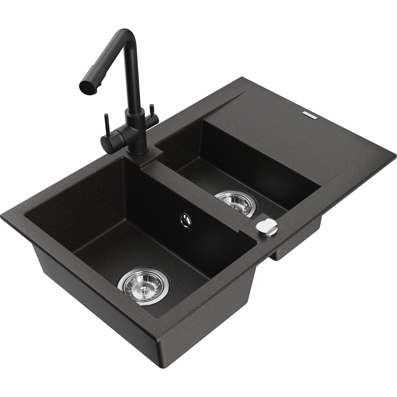 Mexen Gaspar granitinė 1,5 kameros kriauklė su džiovykla ir virtuvės maišytuvu Duero, juodas/auksinis - 6507-75-671600-70