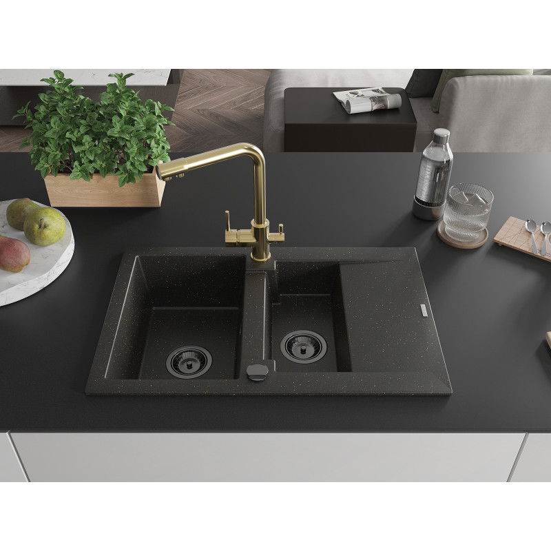 Mexen Gaspar 1,5 kamerų granitinė plautuvė su lašintuvu ir virtuviniu maišytuvu Duero, juoda/aukso - 6507-75-671600-50-B