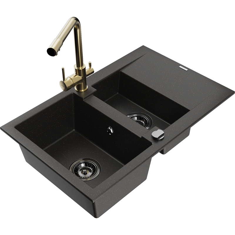 Mexen Gaspar 1,5 kamerų granitinė plautuvė su lašintuvu ir virtuviniu maišytuvu Duero, juoda/aukso - 6507-75-671600-50-B