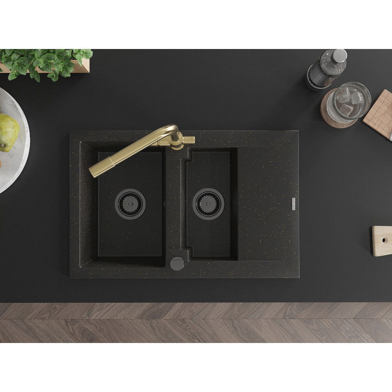 Mexen Gaspar 1,5 kamerų granitinė plautuvė su lašintuvu ir virtuviniu maišytuvu Duero, juoda/aukso - 6507-75-671600-50-B