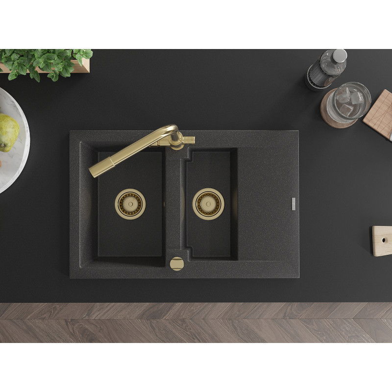 Mexen Gaspar granito kriauklė 1,5 kameros su lašintuvu ir Duero virtuviniu maišytuvu, juoda dėmėta - 6507-76-671600-50