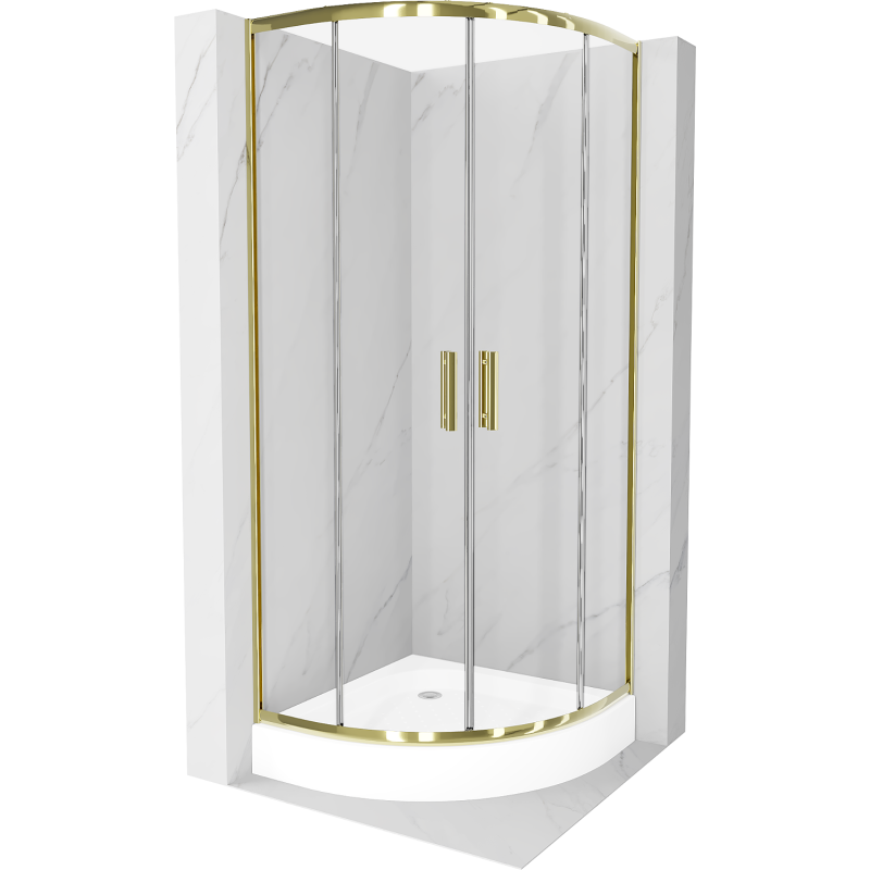 Mexen Rio pusapvalė dušo kabina 70 x 70 cm, skaidri, auksinė + padėklas, baltas - 863-070-070-50-00-4710