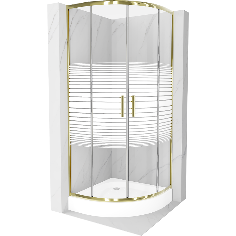 Mexen Rio pusapvalė dušo kabina 70 x 70 cm, baltos juostos, auksinė + padėklas, baltas - 863-070-070-50-20-4710