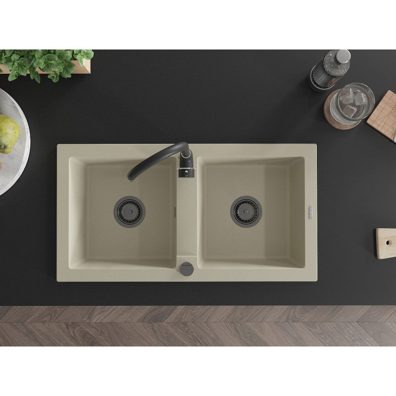 Mexen Mario granito plautuvė su dviem skyriumi ir virtuviniu maišytuvu Telma, smėlinė - 6504-69-670200-70