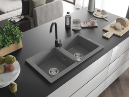 Mexen Mario granitinė dviejų skyrių kriauklė su virtuviniu maišytuvu Telma, pilka - 6504-71-670200-70