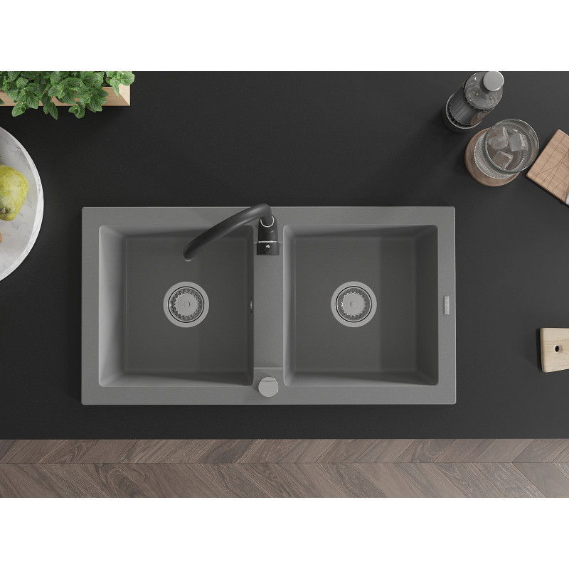 Mexen Mario granito plautuvė su dviem kameromis ir Telma virtuviniu maišytuvu, pilkas - 6504-71-670200-70