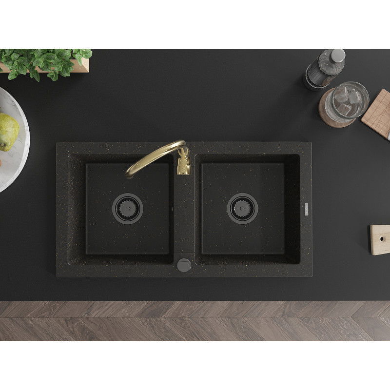 Mexen Mario granito kriauklė 2-jų skyrių su virtuvės maišytuvu Telma, juoda/auksinė - 6504-75-670200-50-B