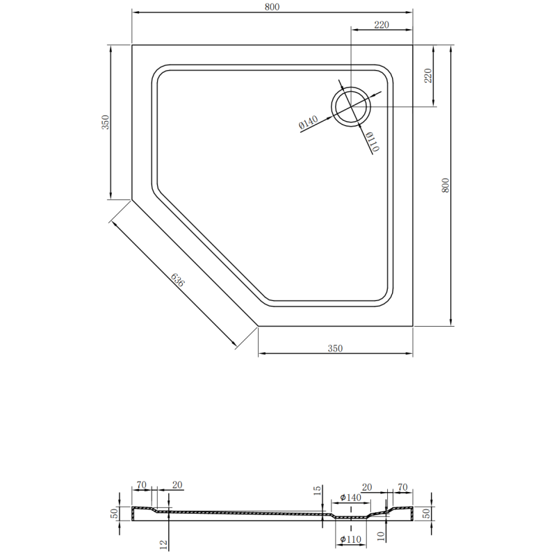 Mexen Flat penkiakampė slim dušo kabina 80 x 80 cm, balta, chromuotas sifonas - 41P108080
