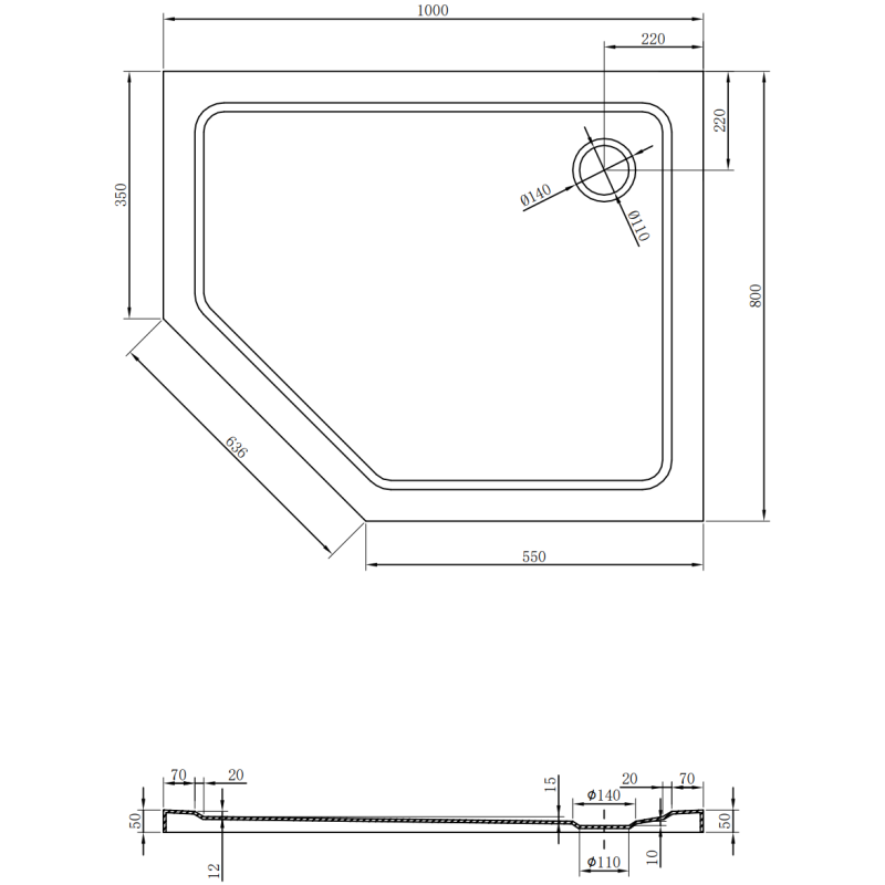 Mexen Flat penkiakampė dušo padėklas slim dešinys 100 x 80 cm, juodas, sifonas chromuotas - 41P708010R