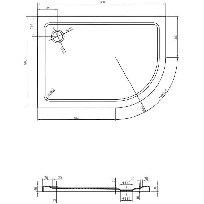 Mexen Flat pusapvalė slim forma kairė 120 x 80 cm, balta, sifonas chromuotas - 41108012L