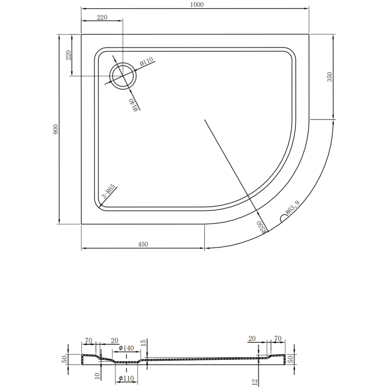 Mexen Flat pusapvalė slim dušo padėklė kairė 100 x 90 cm, juoda, sifonas chromuotas - 41709010L